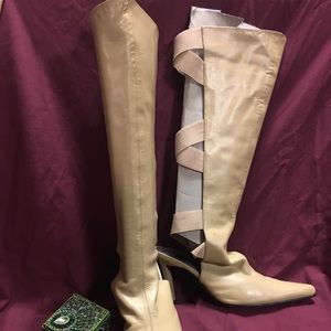 Cream knee high leather boots
